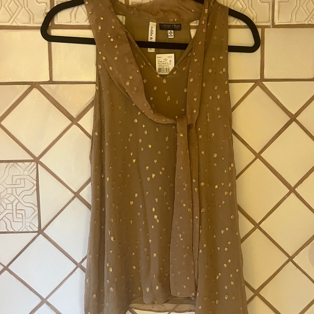 robbi & nikki brown sleeveless blouse with gold polka dots and tie detail
